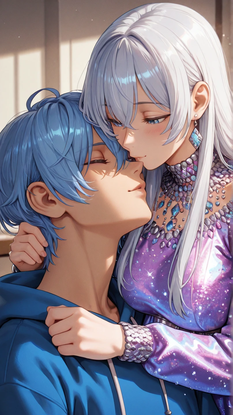 masterpiece, top-quality, 2others, Male couples, 1 person and 1,, Adults, Height difference, Different fashions, different colors, Exquisite eyes and detailed face, intricately details, black butler fashion, modern city street, A smile, blissful, tenderness, queers, man's love, High level of image quality、 Two beautiful men、tall、upper part of body、eventide、nighttime scene、𝓡𝓸𝓶𝓪𝓷𝓽𝓲𝓬、Korean male, pop inspo, profesional photo, Vampires, Fedorman with the necklace, Inspired by Shen Si Zheng, androgynous vampire, :9 detailed faces: 8, The facial details are particularly rich, Detailed punk hair, ((Eyes are brown)) eye bags, Tempting. The is very detailed, Semi-realistic anime, Vampire deacon, surreal teen, Exquisite androgynous prince, Imwu, Short hair above the ears, Men with short hair, and a purple-haired man with a wild expression, Light blue haired man with gentle expression, with a short-haired man with bright purple hair, Man with light blue hair