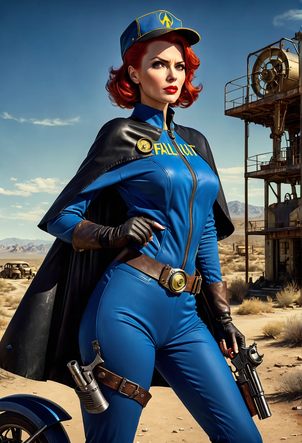 Create a digital art piece featuring Sweetie Fox in the Fallout universe. She stands at 5'5" with a slender yet strong build, sporting her iconic red hair tied back in a practical ponytail. Her piercing blue eyes exhibit a mixture of determination and vulnerability. Dressed in a modified Vault-Tec jumpsuit, she blends practicality with her unique flair, adding elements of her well-know fox cosplay – think pointed ears and subtle fox-like markings. She is armed with a laser rifle slung over her shoulder, and her belt is adorned with pouches and gadgets, ready to face the post-apocalyptic wasteland. The backdrop is a desolate landscape, with remnants of a ruined city behind her, capturing the eerie, yet intriguing essence of Fallout.
