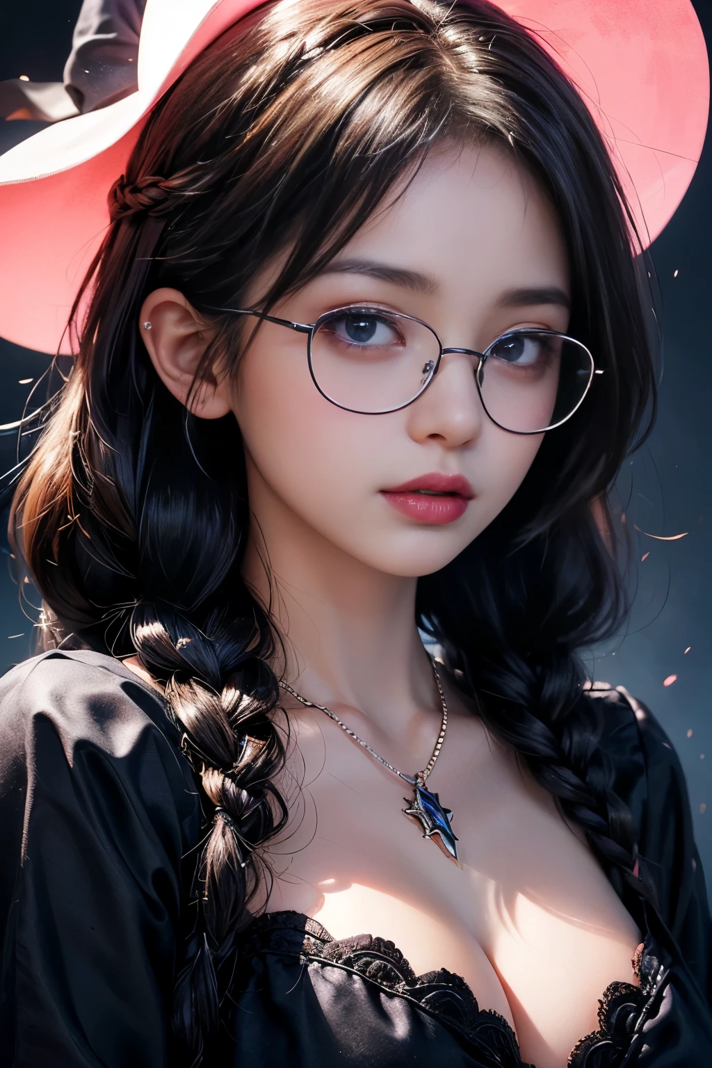 (best quality,4k,8k,highres,masterpiece:1.2),ultra-detailed,(realistic,photorealistic,photo-realistic:1.37),concept art,oil painting,gouache,horror theme, devil 1girl,elegant,cunning,abstract background,renaissance,(devil:1.5)、((((Glasses)))),chaotic and cunning,red and blue color pallet,horror vibe