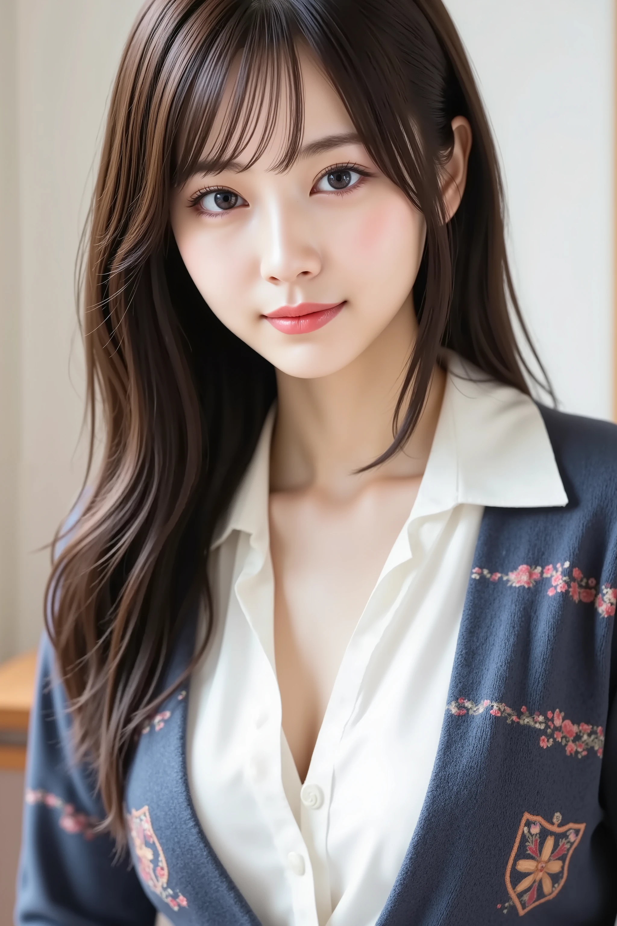 The face is positioned exactly in the center of the image , black hair , Tight Chest 、, the entire head is fully reflected , Face clearly visible、white blouse with open chest collar and navy jacket, Women's Room Background , long hair per person、bungs, smile, young and cute Japanese face , OFFICIAL ART, high image quality CG Unity 8k wallpaper,Ultra high image quality , very well detailed, high image quality , Filmgrain , Lens Flare Glow , top quality ,8k, as a portrait shot ,8k, viewer , masterpiece,top quality ,very well detailed, it's cute ,sexy,very well detailedな,detailware features ,beautiful, illustration , beautiful Japanese woman, ladies 1