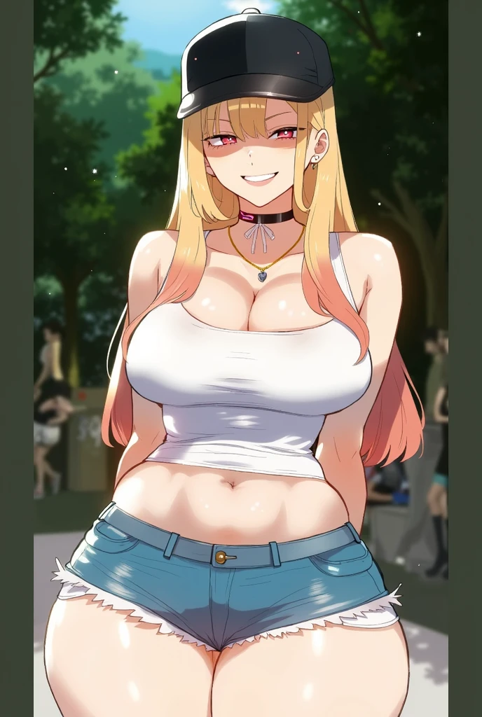 ((highres)), Masterpiece, high quality, best quality, beautiful, perfect lighting, detailed face, ultra cute face, ((1girl)), ((solo), long fluffy blonde hair, blue eyes, ((blush)), seductive smile, looking at viewer, arms behind back, standing in a park, (park), daytime, crop top, shorts, ((thick thighs)), wide hips, cleavage, (large breasts), chubby, 20 year old female,