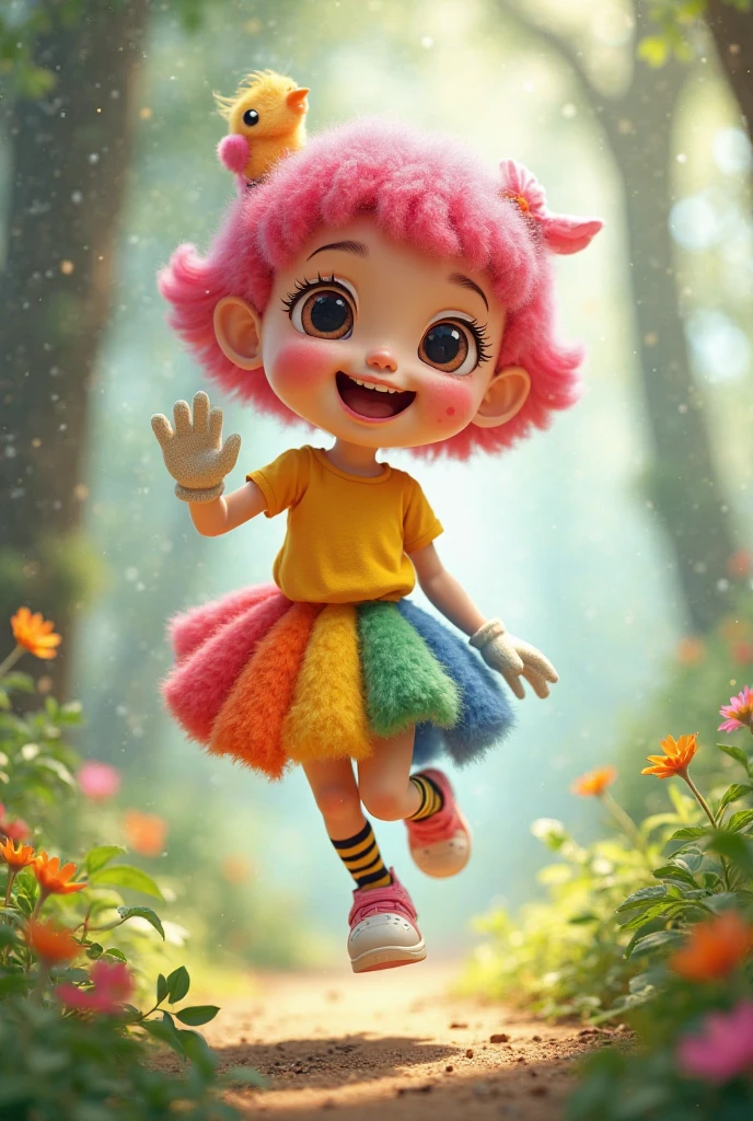 1girl, solo, cute, Kawaii, child, Hair shiny, Braiding Hair, Messy hair, Dandelion Hair Accessories, Eye Color Universe, big eyes, (Dynamic Angle:1.4), whole body, Dynamic poses, Delicate face, Vibrant colors, (Blowing dandelion seeds), Smile, , 1fkxc1