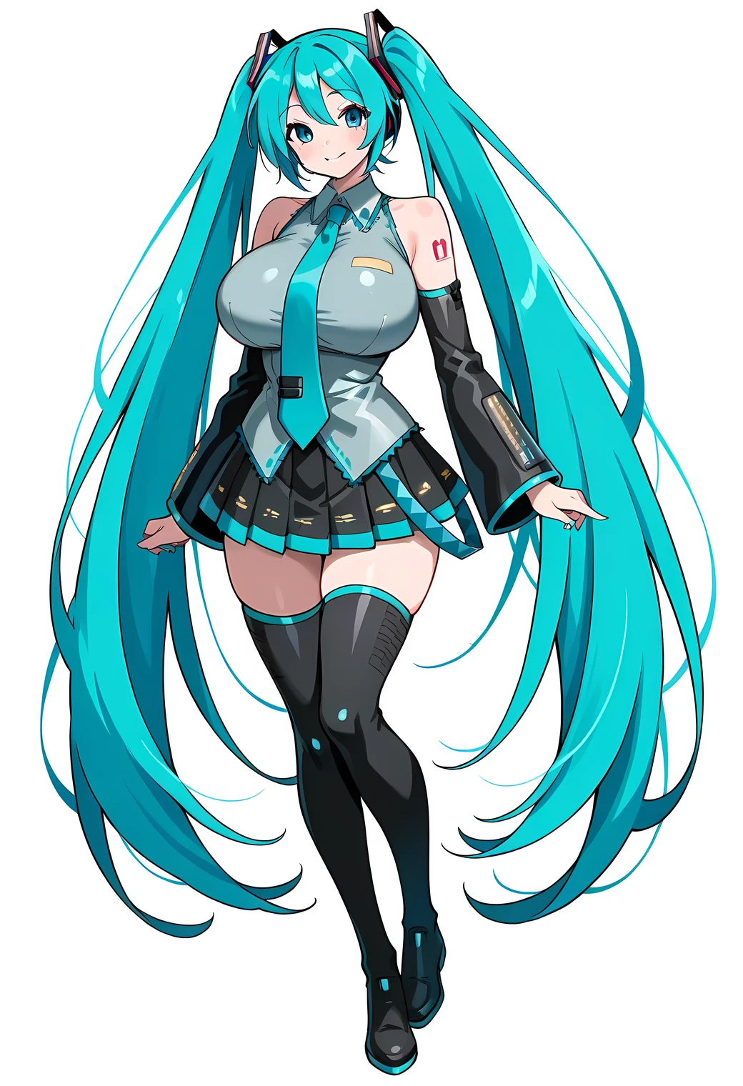 hatsune_miku, 1girl, solo, long hair, looking at viewer, smile,gigantic huge breasts, open mouth, bangs, blue eyes,house background, room,thigh highs, gloves, dress, bow, ribbon,twintails, very long hair, blue hair, full body, hair bow, belt, tie,