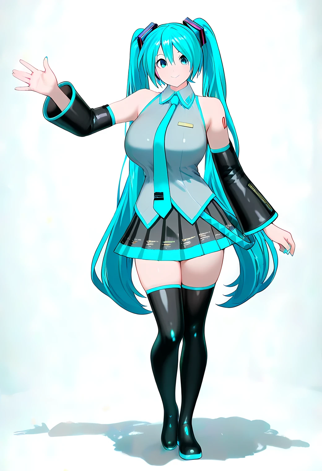 20 year old woman, busty, big tits, bubble butt, hourglass figure, skinny, standing, blushing, confused expression, twintail hair, blue hair,wearing white shirt, blue tie, blue pleated skirt, black stockings, black knee high boots, Hatsune Miku, on stage, holding microphone, dynamic pose