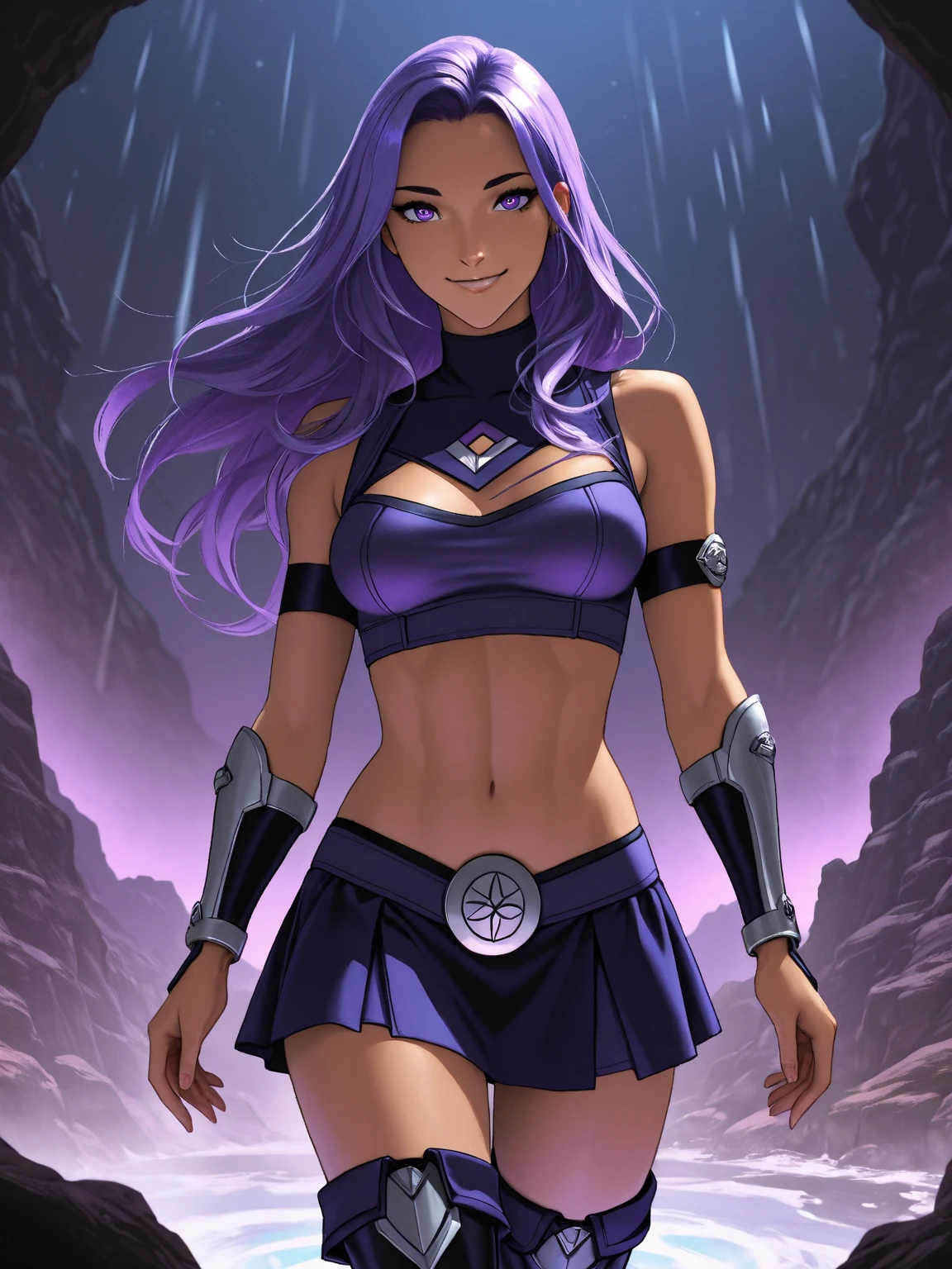 <lora:StarfireTT:0.85><lora:skirtlift-v4:0.6> <lora:BetterPussyV0.1.0-LR00025-Locan:1>, 21 year old Starfire, (very long red hair:1.6), (dark purple miniskirt:1.4), (left hand index finger touching mouth:1.8), (right hand on base of skirt:1.7), green eyes, tan skin, glowing belt, reflective silver neck corn collar and reflective arm gauntlets. dark purple short sleeveless top,  exposed midriff, thigh high purple boots with silver top bands, (vagina visible under skirt), (dark outerspace background with rainbow nebulas, comets , and shooting stars:1.3)