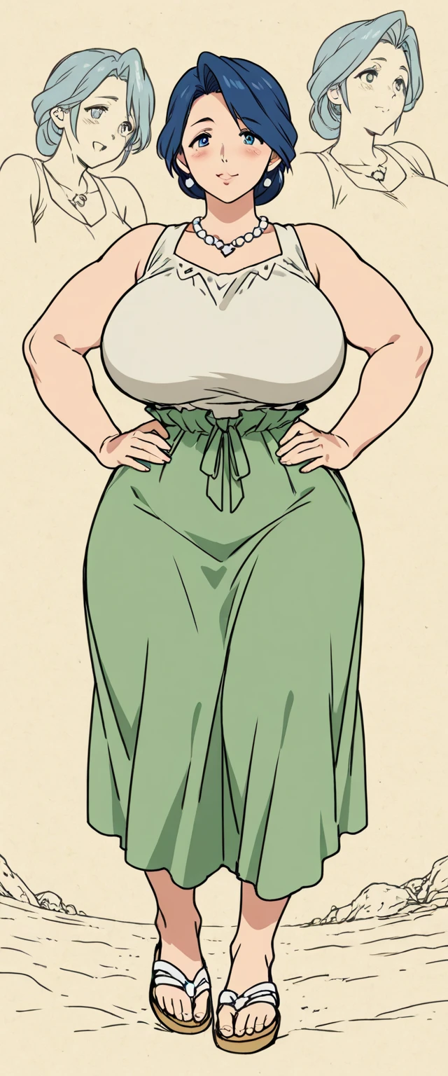 1girl, solo, (short hair hairstyle) large breasts, wide hips, thick thighs, 40 year old woman, blonde hair, barefoot, small feet, white nail polish, long fingernails, full body shown, standing, tight long sleeve green blouse, above the knee black floral skirt, slightly long skirt, low rise skirt, ballerina flats shoes, dark brown footwear, milf, milf body, entire body shown, facing forward, earrings, small necklace