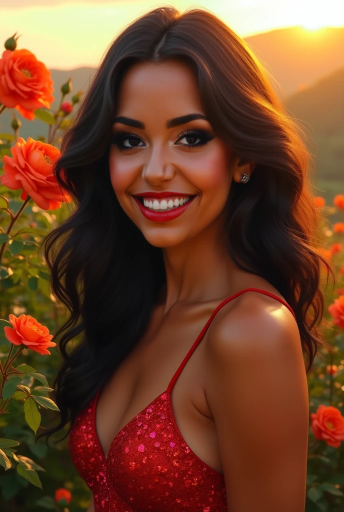 A young Brazilian woman in a lush room decorated with a quinceanera party theme, wearing a yellow flared dress , with a close-up capturing the harmonious beauty between her black face and her medium-length curly hair, in his hand a red rose, showing off your natural charm and outgoing personality.