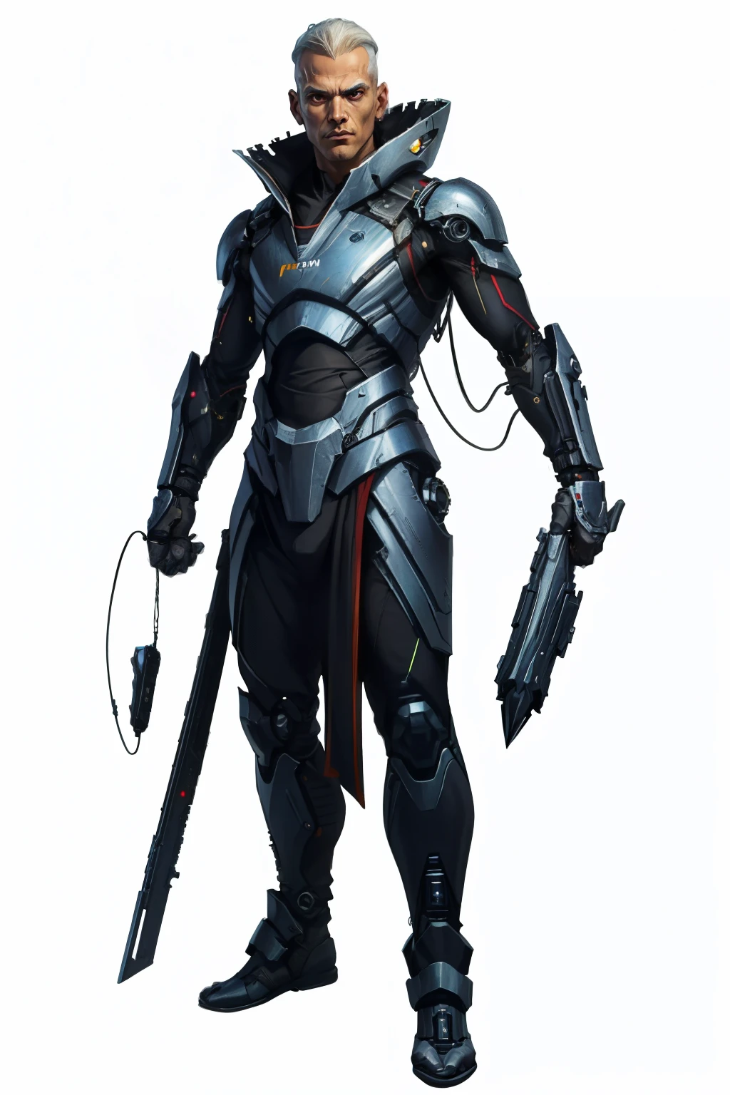 (full body image, it is forbidden to cut or not appear from head to toe, PNG format , transparent background, white background, Futuristic theme,supernatural, rpg) &&&&& (high quality, masterpiece) &&&&& I want a parsonage with white clothes and long hair up to his feet burgundy with black cybernetic devices on his body, He is a cyborg with a metallic face