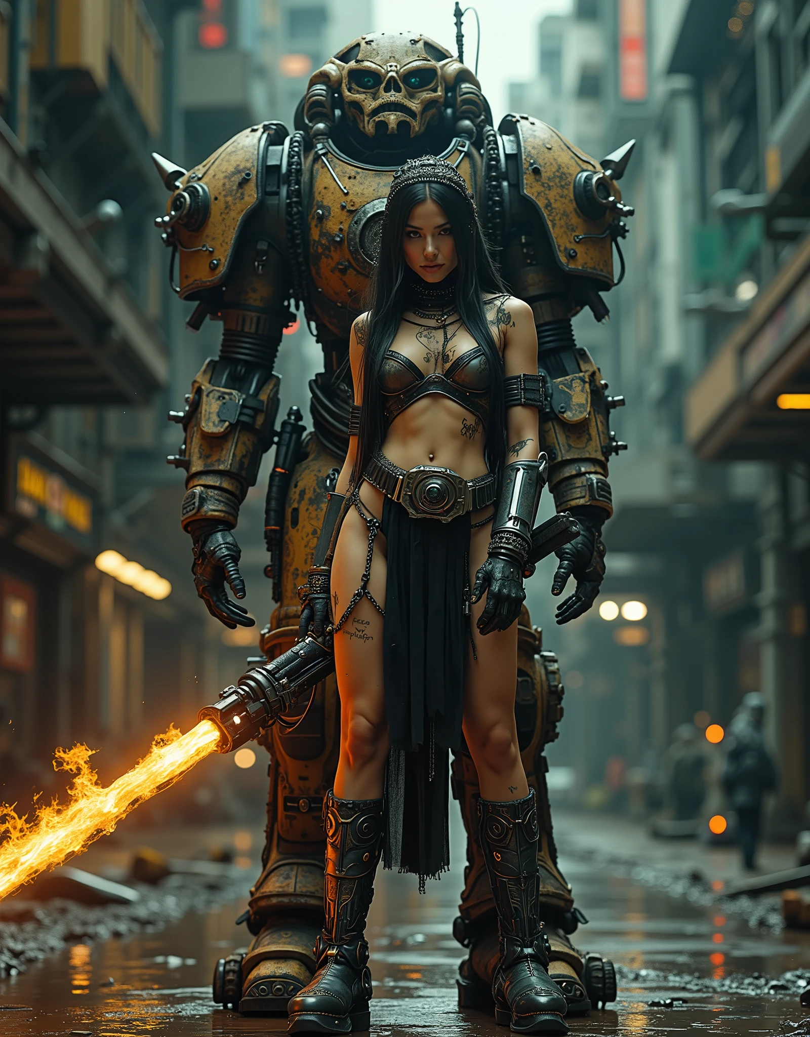 cinematographic photograph using rule of thirds and composition on planes Photo 3 / 4 takes over the entire body , beautiful and sexy naked woman , young Mexican woman of incomparable Latin beauty , top model, Stylish and gothic stormtrooper with small breasts , fit ((chains)), astronauta exploradora dress made of chains, emerald eyes, penetrating look , Punk chain , punk belt , full body shot, torn screen , torn and broken leather and lace , showing the skin of the body , with Aztec tattoos , con chains Picos y Muchas joyas de plata de huesos de plata , straight dark hair collected, some dreadlocks with purple tips , The Mayan headdress, a reference to King Pakal Maya , She is armed with Macahuitl Xihucoatl and a wielding fiery sword, parts of rusty armor with Aztec motifs in bas-relief and some parts of bones, brandishing the Xihucoatl of fire , In a superhero pose on the huge skull of a Quetzalcoatl, Next to her in the background and fully appreciating a huge (huge) y alto robot mecha de piernas largas inspirado en los Atlantes de Tula y con cabeza de dios azteca Tlaloc Tezcatlipoca y con armadura oscura con mucho oxido battle damage y partes destruidas, You can see the exposed mechanism composed of pistons , hoses, chains y motores con algunas luces, . In the background of a desolate and flooded apocalyptic planet, reflections in water, por la noche, gloomy atmosphere, ethereal smoke emanating from her and the macahuitl , dark. Maya warrior , Robot Atlante de Tula . BATTLE POSES. battle damage. in the style of Ashley Wood a high level of style Racrufi . The two characters must be observed in their entirety in their entirety