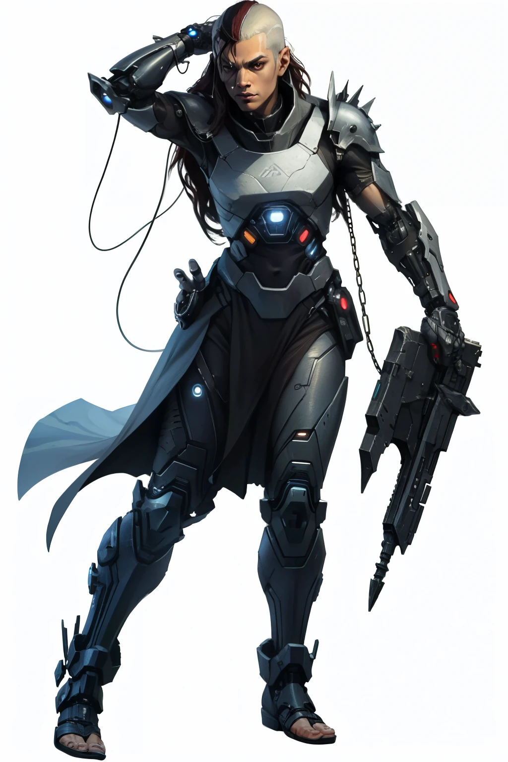 (full body image, it is forbidden to cut or not appear from head to toe, PNG format , transparent background, white background, Futuristic theme,supernatural, rpg) &&&&& (high quality, masterpiece) &&&&& I want a character with white clothes and long burgundy hair with black-colored cybernetic devices on his body, It's a cyborg with a metallic face