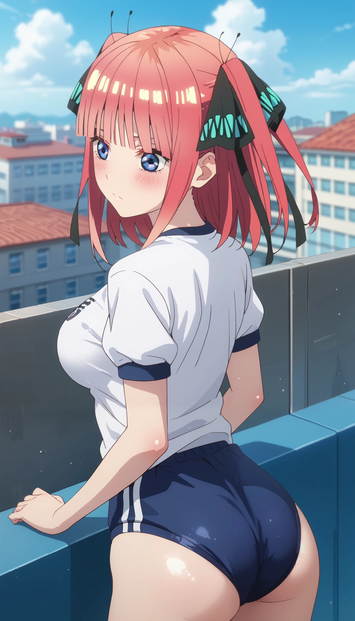 nsfw,Score_9,score_8_up, score_7_up, score_6_up, source_anime,((nakano nino)),shiny skin,solo,medium hair,pink hair,shiny hair,hime cut,twintails,two side up,hair ribbon,black ribbon,butterfly hair ornament,blue eyes,blush,medium breasts,(blue gym uniform:1.2),rooftop,ass focus,from behind