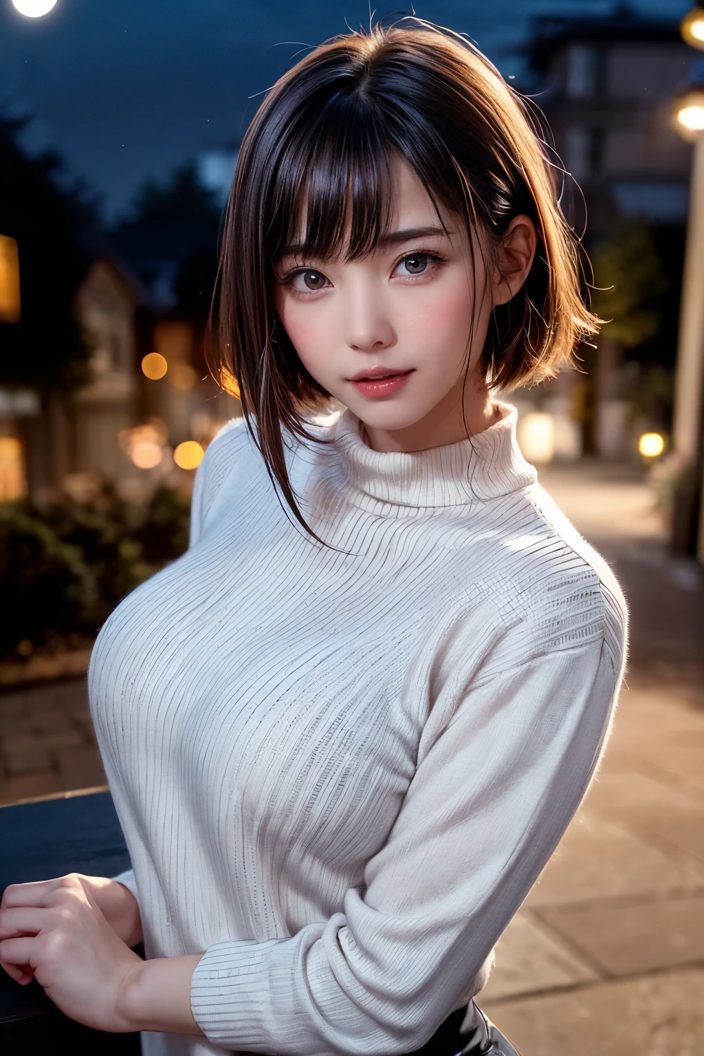 (((Upper body shot,Close-up photo)))、(((Shoulder-length brown straight hair,With bangs,Bun hairstyle)))、(((Against a light interior background)))、(((Turquoise Summer Sweater)))、18 years old、angry girl、D cup breasts、Protruding dot on chest、Light eye makeup、Ultra-realistic faces、High resolution 16K、Skin texture must be natural、Use natural light and color、 High-quality photos taken by model agencies.