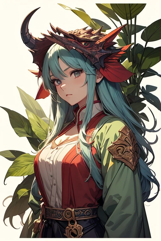 masterpiece, best quality, highres, 1girl,garden background, salus , horns, demon horns, four horns, <lyco:salus_v2:0.75>, black sclera, pale skin, red pupils, aqua hair, (kimono), (japanese kimono), (long kimono), (red kimono), (white and red kimono)