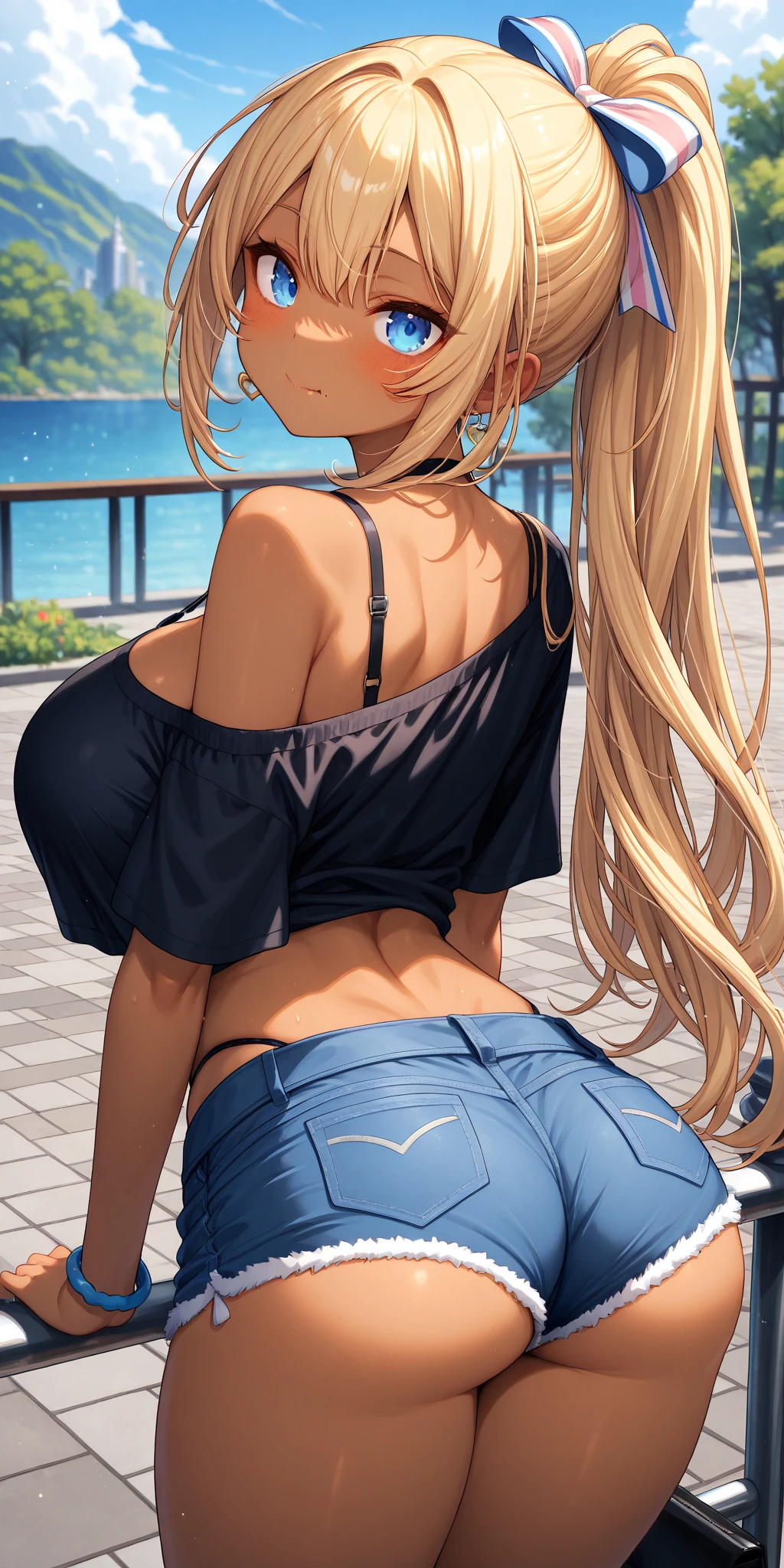 (highest quality,4K,8k,High resolution,masterpiece:1.2),Very detailed, Realistic, photo-Realistic,A woman with good looks,Asian Woman,three woman,stand in a line,cute,cute eyes, stylish female body,baby face, break, large white colored shirt:1.3, break, black colord small panties:1.5, lace, break, long hair, blonde hair,various colored hair,  back view, Focus on the buttocks, sandy beach , smile, ((sweaty skin))