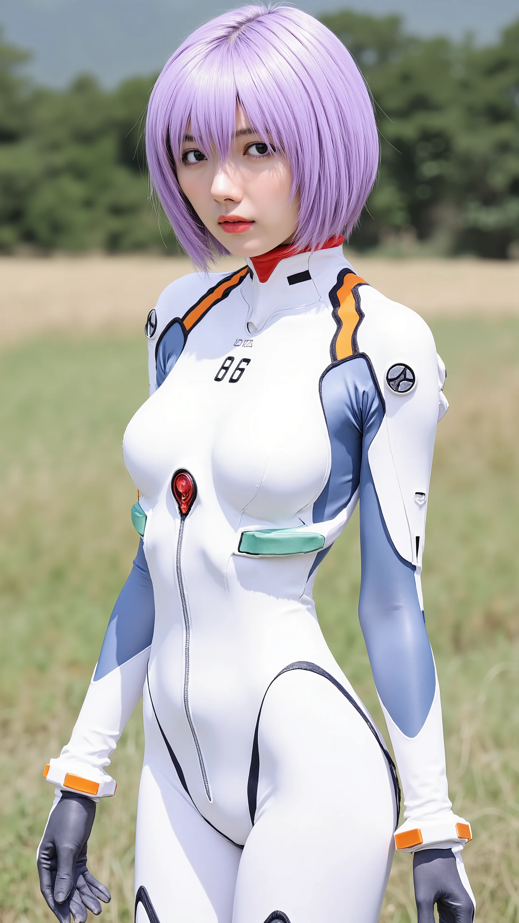 A high resolution photograph of a young Japanese woman named Karin Fujiyoshi. She wears the plug suit of Ayanami Rei from Evangerion. Her hair style is lilac bob cut. She stands in a seductive pose outdoors for gravure photoshoot.