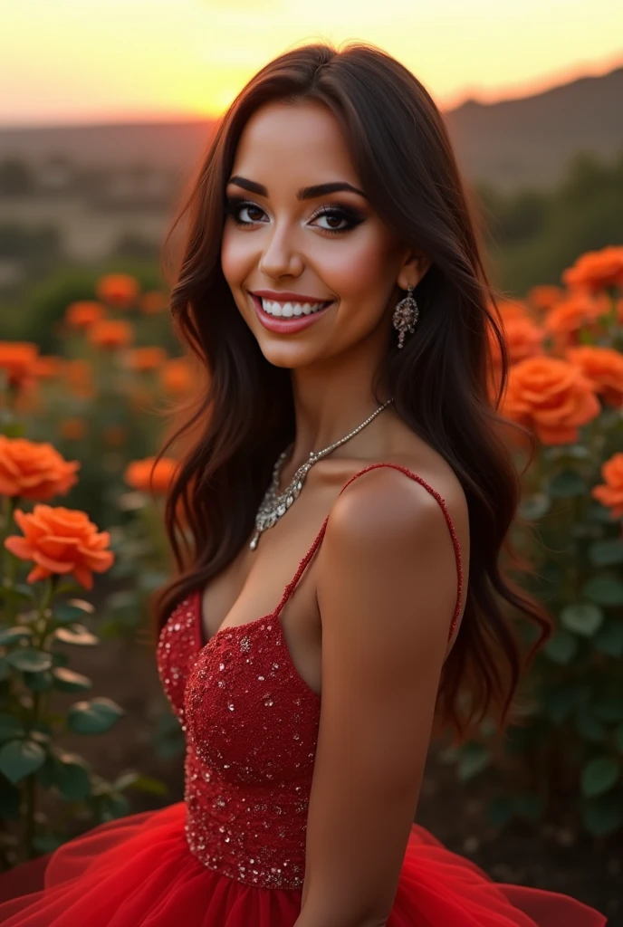 01 jovem mulher ((loira)) em um campo cheio de rosas vermelhas, Blue sky and sun shining