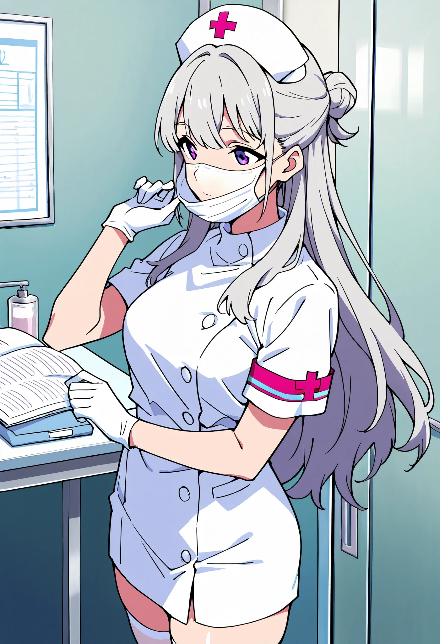 1girl in, Nurse, Nurse Cap, Whiteware, ((White legwear, zettai ryouiki)), White Gloves, eye glasses, blue hairs, ((White surgical mask, Cover the nose)), Standing, ((Hospital room)), sharp outline, Short sleeves, Best Quality, masutepiece