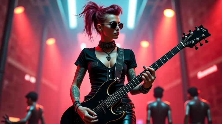(Realisttic:1.2), analog photo style, (cute Tifa Lockhart, playing guitar), detailed face and eyes, best quality textures, punk style, leather skirt, tattoo on left shoulder, headphones, cinematic lighting, cgi, colored bob hair, perfect anatomy, in concert, hairshakes, great dinamic photo, great quality, Masterpiece, intricate steam body, rock'n'roll aesthetic, 16k quality, analog photo style, RAW photo