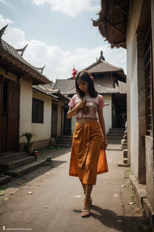 (best quality:1.4), (ultra highres:1.2), (photorealistic:1.4), (8k, RAW photo:1.2),(medium shot :1.4), (brown eyes), girl walking on the street, wearing ( red ThaiElephantHaremPants:1.3),(white top:1.2), (nice shoes),(natural light),(rim light)