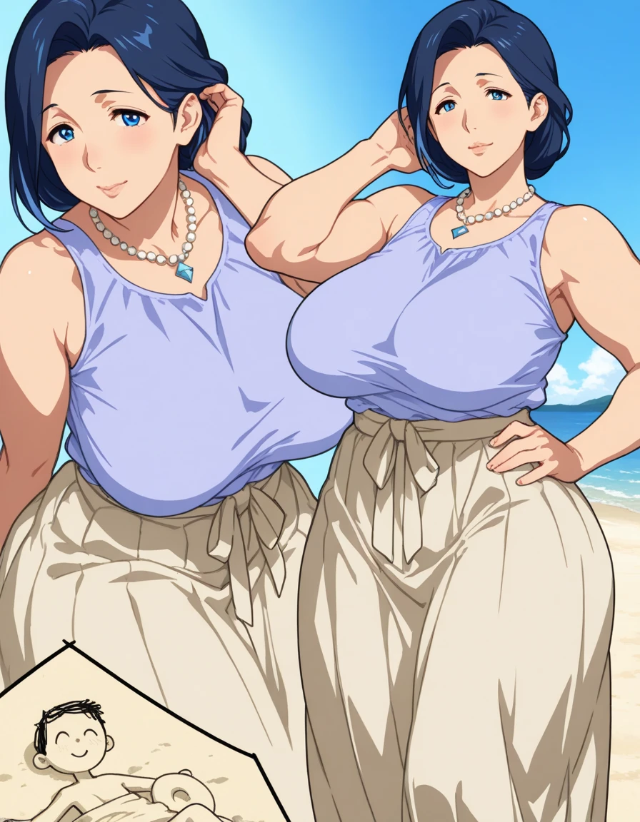 2heads, a short chubby woman with 2 heads. She has extremely huge breasts. She is outside at the beach. She is wearing a very tight colorful sundress and a summer hat. She is smiling. She looks seductive. Her breasts are massive. She has circular breasts.