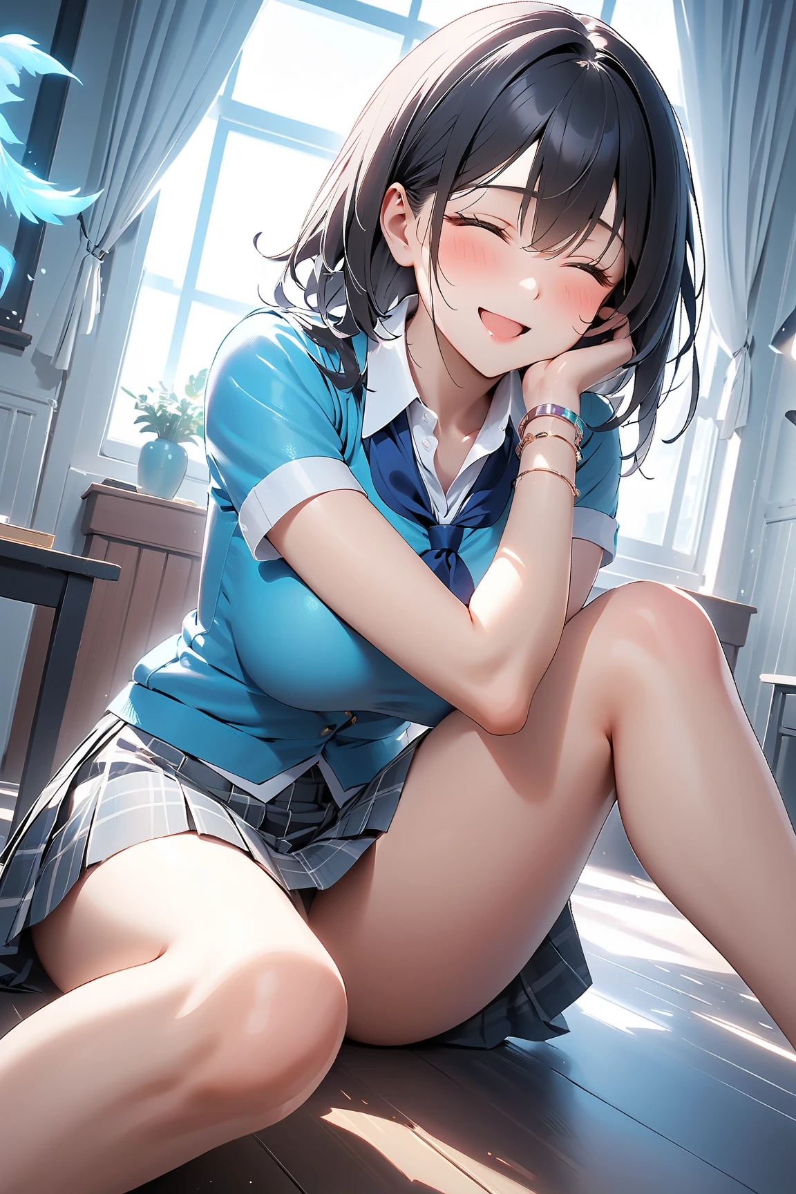 ((((Highest quality, High resolution)))), Extremely detailed 8K, Beautiful girl with slim body, (Ultra HD, Very detailed, Very detailed, Very realistic, Ultra-realistic, Photo Real), (One girl:1.5), Long Hair、Twin tails、Brown eyes, (Medium Breast: 1.2), (Beautifully detailed face, Beautiful attention to detail), (Sheer blouse:1.4),(Cleavage)、(Light of the sun, sunlight)，(slender:1.5),(Light clothing:1.6),(Open chest)、(Idol face:1.7),(Beautiful eyes)、(Beautiful face)、(Toned body:1.5),(masterpiece:1.8),Blushing、Beautiful Skin、Moist eyes、Embarrassed expression、smile、(Slim and beautiful legs:1.4),(mini skirt:1.4),(Panty shot:1.4),(squat:1.2)、(Charm:1.3),(Seductive posture:1.4),(Sitting with legs crossed:1.5),(from the front)、Shine、
