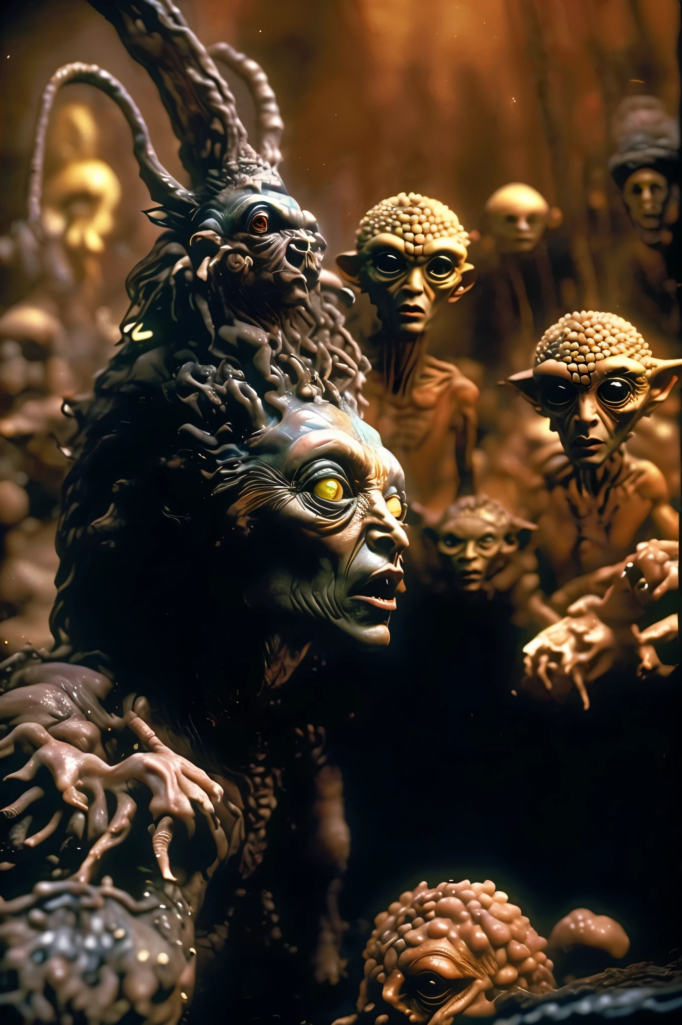 Bizarre hyperrealistic sculpture of a woman and a man changed into bizarre beings. Use a completely black background for contrast. Life forms form life and from form can come morf spelled morph. Stop motion still life characters, can't move or morph, abstract claymation can move too much and can melt. It's weird how weird art pieces from sculpture to claymation are the same but different and set in stone yet flow with animation and bring out such elation. Ultra-realistic,photo-realistic,cinematic photography,cinematic lighting, cinematic portrait, portrait photography, full focus, ethereal atmosphere, macabre, ultra detailed, 8K, hyperrealistic, intricate textures, mystical, surreal, yet so real, etheral and in the real, how bizarre, how bizarre.