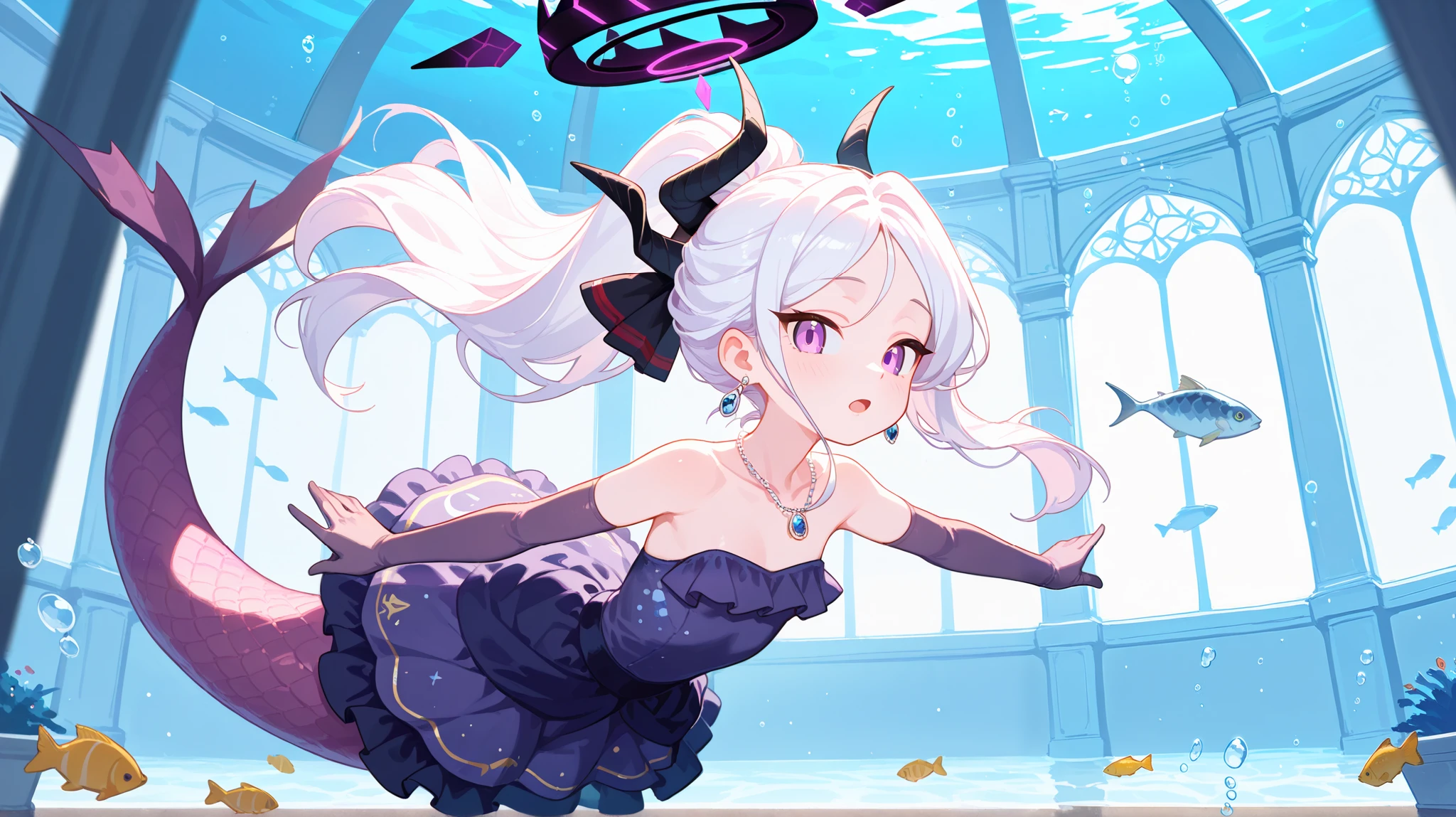 8K, best quality, hina (blue archive),blue archive, ((mermaid, purple scales), wide eyes, open mouth, swimming, floating, swims front, arms back, looking at viewer, underwater, ballroom, indoors, bubbles, fish, hina,1girl,solo,ponytail,elbow gloves,purple dress,black gloves,black dress,strapless dress,earrings,necklace,alternate costume, scenery, blurry foreground, rating:safe, best quality, masterpiece,staekinglight, pcpcpc,(Pastel color), out of frame