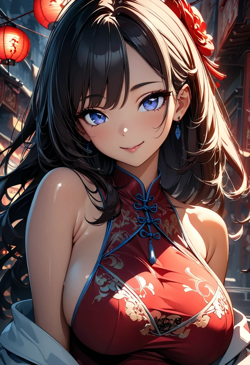 (8K, RAW photo, 最high quality, masterpiece:1.2), High-definition RAW color photo, Professional photo shoot, cinematic light, alone, (((young woman))), (Sharp features), (small face), (high detail skin:1.2), clavicle, cute face, beautiful appearance, long eyelashes, (black hair, asymmetrical bangs, One eye hides, long hair, distinctive earrings), big breasts, (slim body shape:1.4), very detailed顔と肌の質感, fine eyes, double eyelid, beautiful girl, (((China dress, colorful dress, delicate design, Use of see-through material, A dress that shows your body line, Delicate pattern finished with master craftsmanship, Sexy slit, attractive thighs))), (charming smile:1.4), (((sitting on a bright red sofa, 脚を組んでsitポーズ:1.5, sit, beautiful legs, bold composition, show your armpits, raise both arms, Hands behind your head ))), view audience, (night club, casino, cowboy shot), ((Colorful Wear)), full body portrait, beautiful skin, shiny skin, (((perfect fingers, five fingers, anatomically correct, Beautifully drawn fingers))), background bokeh, high quality, surreal, bright colors, ((very detailed, photo shoot)),