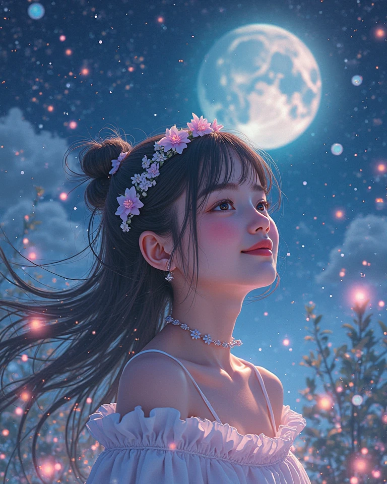 A very cute face like an idol、Looks like a young face、20-year-old female、Gentle and cute、Cleavage、Beautiful starry sky、(Looking up at the night sky)、((Dim lighting))、RAW Photos、Genuine、live-action、(Romantic)、(Artistic Expression)、(Fantasy)、High resolution、masterpiece