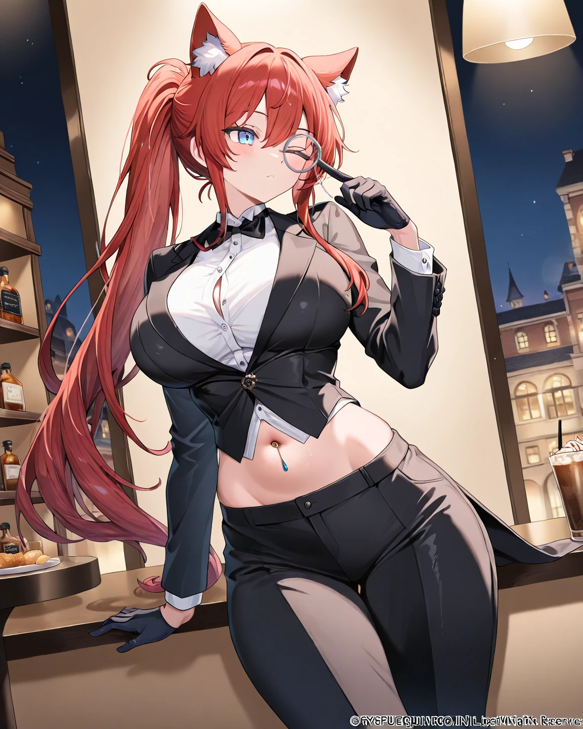 (best quality, masterpiece), depth of field, blurry background, cowboy_shot, thick thighs, standing, solo, 1girl, long orange hair, (ahoge:0.9), glasses, blunt bangs, purple eyes, (full-face blush), ((playboy bunny, pantyhose, bunny ears, highleg, highleg leotard, black leotard, leotard)), bar, night club, night,