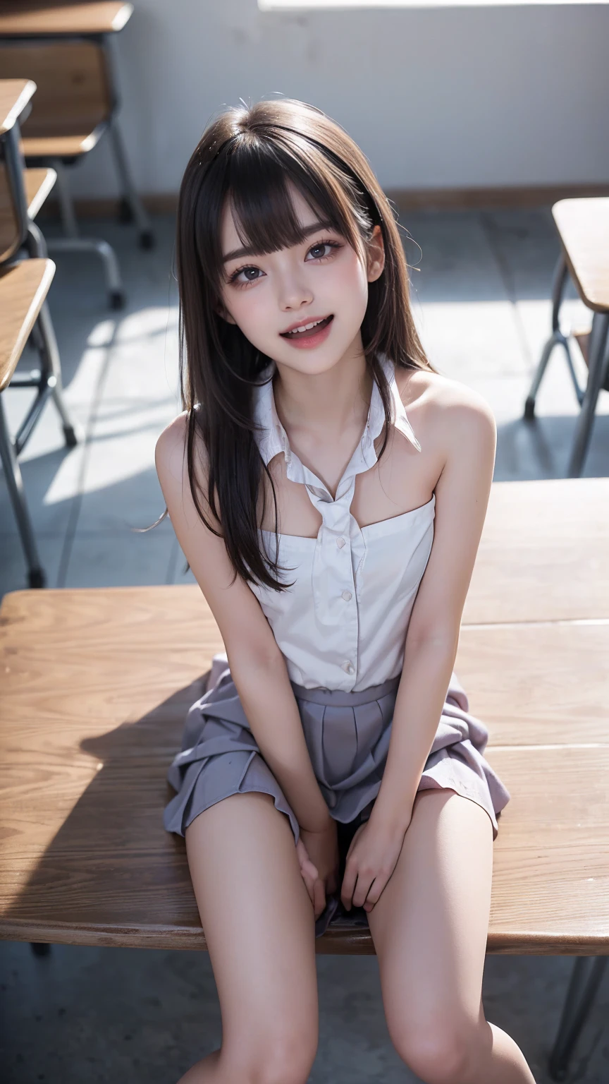 The most beautiful face in the world、Idol、NSFW, photographrealistic, , Twin-tailed, ((Blunt bangs)), masutepiece, 8K, Best Quality, 超A high resolution (photographrealistic:1.4)(((masutepiece))), (((Best Quality))), ((Ultra-detailed)), (3 girls), (Loose socks) ((The most beautiful face in the world))(pureerosface_v1:0.4), (European Preteen:1.7), (Japan Preteen:0.6), (age 15, Pretty girl:1.3), (Lori:1.1)High Nose, Slim body, Slender girl, (Detailed middle bust), Slim thighs, Slim legs, small hip, ((Denim miniskirt)), Tank Tops,Loose socks, (Kneel aside, On all fours:1.2), Smile, BREAK, Looking back, Looking from below, ((extremely delicate and beautiful)), (, Beautiful detailed eyes, School room, , Happy smile, , , , , Saint-Rize,