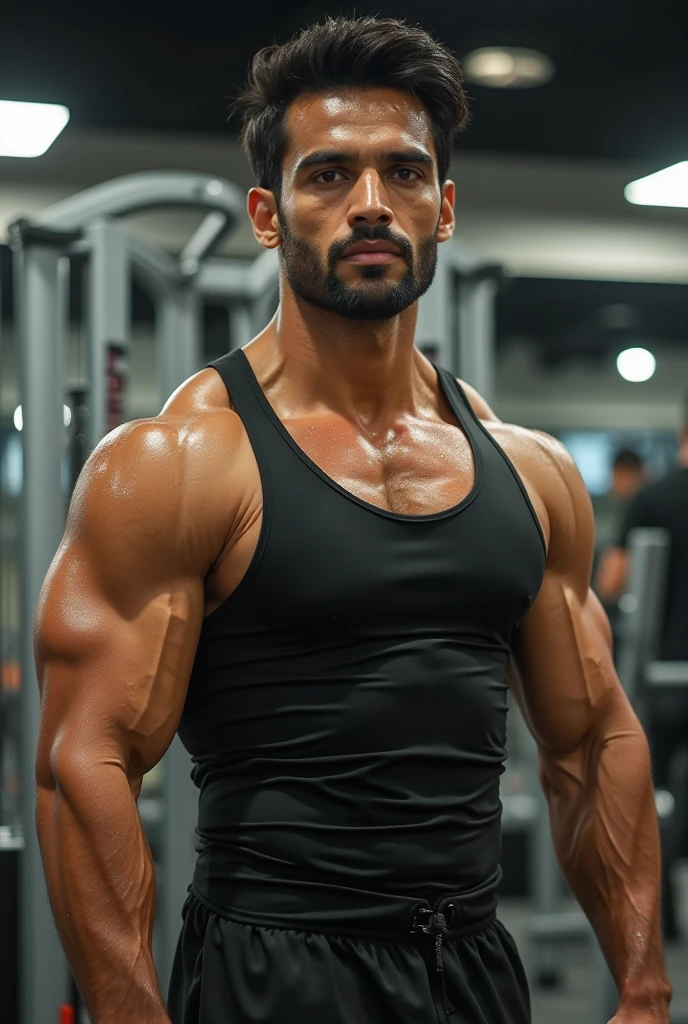 A realstic indian noy age 25 in gym in sharp jawline and ripped body