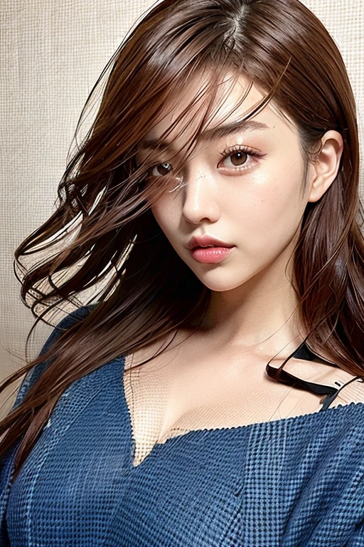 Canon RF85mm f/1.2,masterpiece,best quality,ultra highres,vc,1 girl,(korean mixed,kpop idol:1.2),solo,white_shiny_skin,black eyes,necklace,((brown_short_wavy_hair)),((pink_shiny_lips)),eyelashes,bangs,aface,make-up,shiny,Pore,skin texture,bracelet,offshoulder,see-through,big breasts