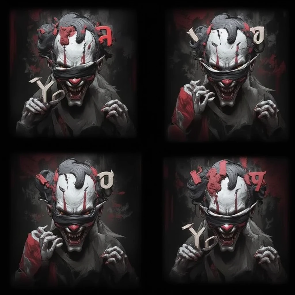 「YOSH」A logo design that says、With a Death Core clown style logo design「YOSH」 is written on the blindfold 、  image、High contrast in black and white、Calligraphy、4 different design images,
