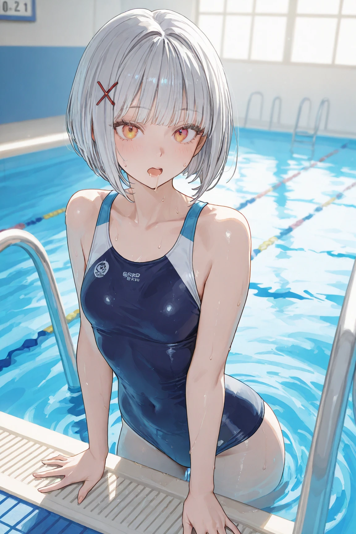 1girl ,alternate costume ,arched back ,arm support ,ass ,barefoot ,blunt bangs ,blush ,camera ,covered navel ,feet ,flat chest ,frown ,full body ,gradient background ,hair ribbon ,looking to the side ,name tag ,nose blush ,one-piece swimsuit ,reclining ,red eyes ,reflection ,ribbon ,school swimsuit ,short hair ,sidelocks ,sitting ,skindentation ,solo ,swimsuit ,taking picture ,tress ribbon ,water ,wavy mouth ,wet ,wet clothes ,white hair ,white one-piece swimsuit ,yokozuwari
