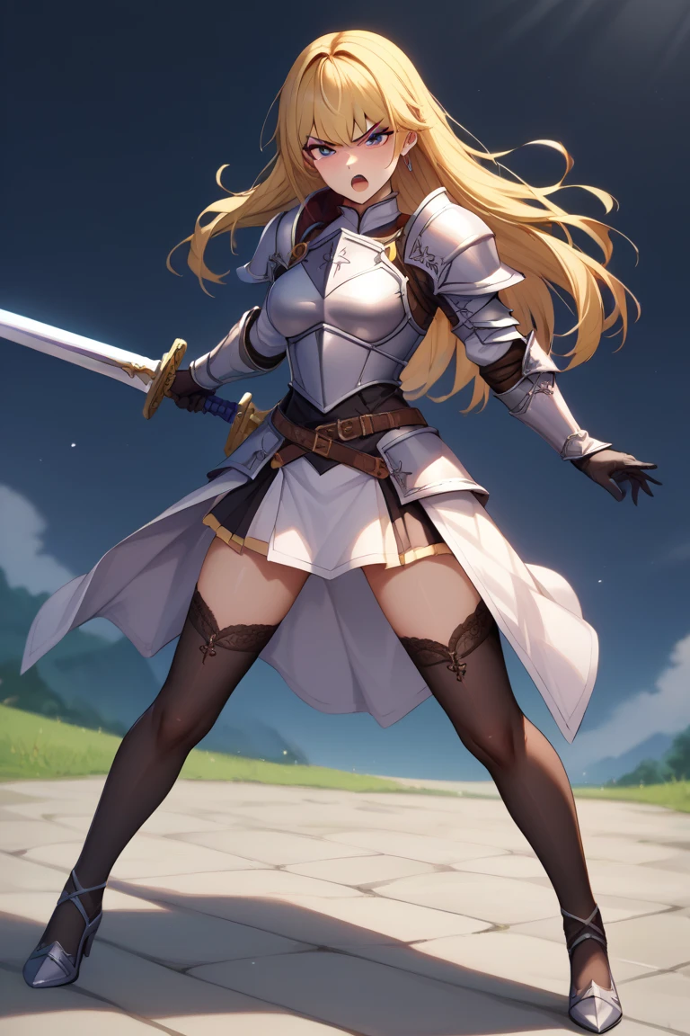Ultra-high definition image quality、beautiful girl、Female Swordsman、Light Armor、Griepputz、Long Hair、blonde、20-year-old、Be confident々face、Very short tight skirt、Sexy posture、Cowgirl、wilderness、Highest quality,Big Ass、Big Breasts、Thighs、Grasping the hilt of the holy sword Excalibur、pure white, Exquisitely decorated panties、Take a big stride and kick your feet out to jump、Joan of Arc style clothing、Wind King Barrier、Her hair is blowing in the wind、The Sword of Promised Victory、god々I'm wearing a new aura、Big Ass、Valkyrie the War Maiden、Crotch close-up、Angle from directly below、Steam coming out of the crotch、Sweaty crotch