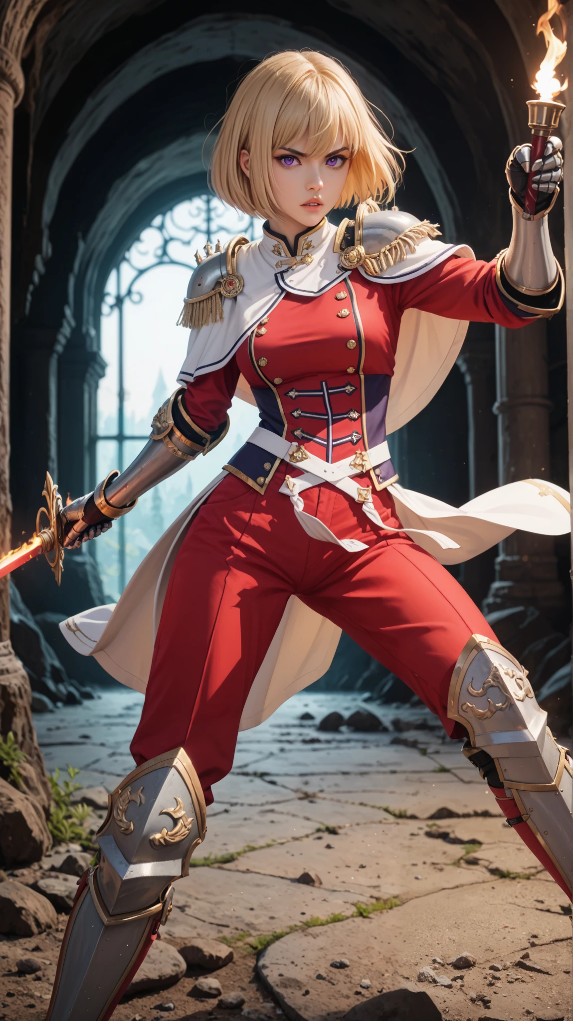 absurdres, masterpiece, best quality, very aesthetic, 1girl, solo,
ChopioCha, blonde hair, hair between eyes, purple eyes, looking at viewer,
anime coloring, long legs, medium breasts,
medium hair, bob cut,
outfit_4, armor, shoulder armor, epaulettes, gauntlets, red shirt, white capelet, white coattails, red pants, knee boots, armored boots,
sheath, holding sword,
indoors, cave, torch, fighting stance, v-shaped eyebrows, serious, parted lips,