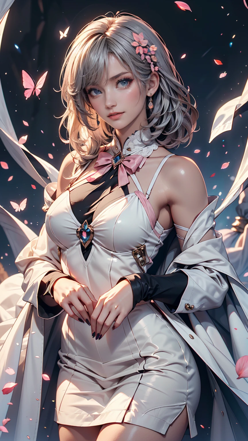 noelle_(genshin impact), roses, ornament hair, silver hair, short hair, maid, dress, maid apron, maid headdress, sky, rainbow colors in the aurora boreal, night, 1girl, dress, solo, flowing hair, floating hair, ornament hair, perfectly body, perfectly hands, on garden, petals, centered girl, black dress, more details on her clothes, dress with transparency, golden details, daylight, smiling, cape, ((4k, masterpiece, top-quality)),8k, best quality, high resolution, HD, (illustration:0.8), super cute girl, delicate and beautiful face, mature girl, super cute hairstyle, (beautiful detailed eyes:1.6), extremely detailed face, perfect lighting, extremely detailed CG, (perfect hands, perfect anatomy), Best quality, cleavage, small skirt, full Body,