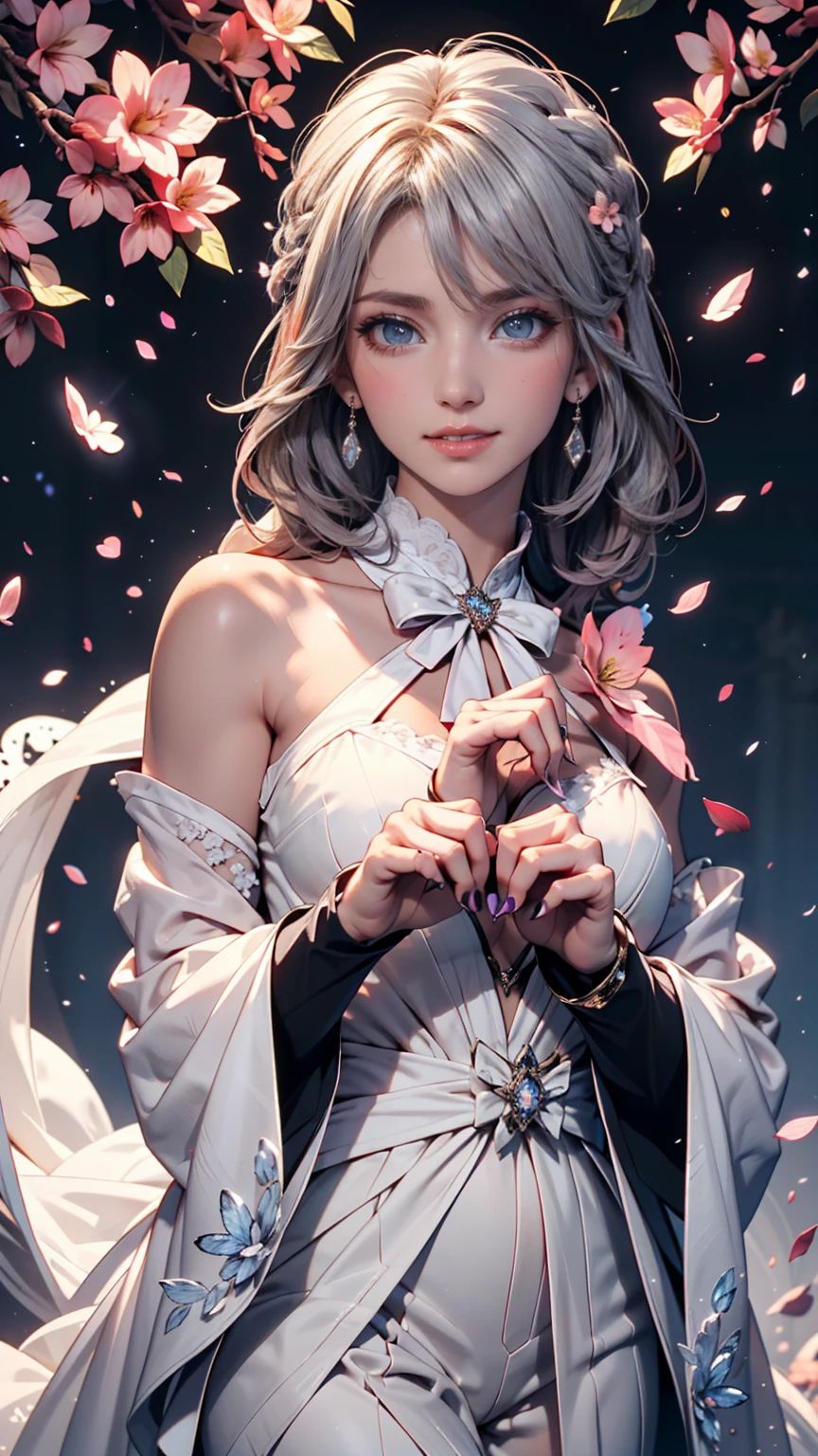 Realistic, 1girl, white hair, purple eyes, glowing eyes, cropped top, skirt, parted lips, blush, night, flowers, sun, sun, sexy, feminine, seductive, provocative, multi-angle shooting, appropriate pose