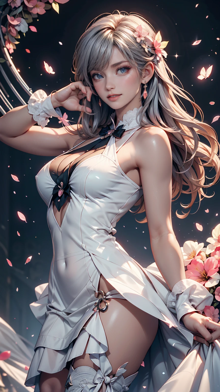 ((NSFW:-0.9, (nipple:-0.9), Acutance:0.85, White and Red, Mystic sight, (many Dazzling flush lights with lens flares), Luminous Particles, many colorful Lights )) . best quality, (masterpiece:1.3, ((realistic and photorealistic with touch of rawness:1.37)), ultra detailed:1.3) . (Amazing KAWAII Idols Walking on stage), ((Extremely detailed (KAWAII face variations)) with joyful expressions), { oiled ivory skin | Overflowing Biomechanical HUGE and HEAVY boob | pretty hips | (Exquisitely White dress with back cutouts) | Full of flowers covering girl's body | long hair:-0.8 }, { (Visible naked backs with Overflowing sideboob) | ( Walking on stage with Red highheels, large crowd:1.4) } . (((Ass focus, butt crack))), Whole Body proportions and all limbs are anatomically accurate .