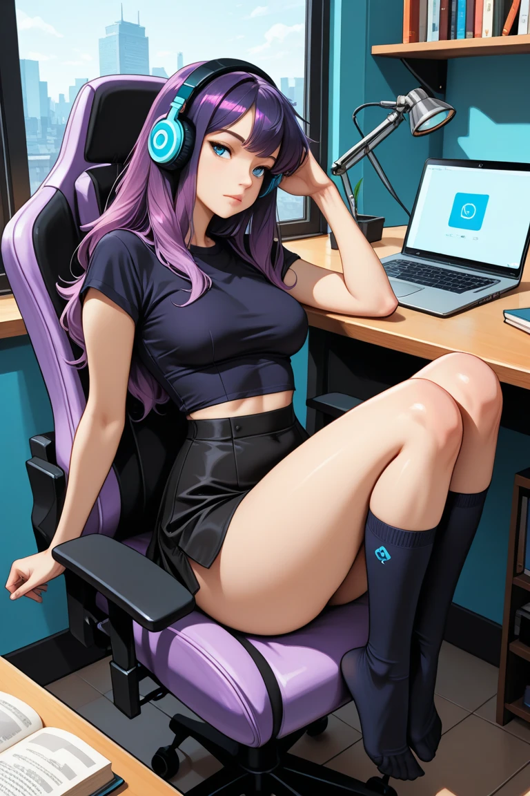 Create a masterpiece-quality image of a happy 18-year-old girl with a heart tattoo on her right shoulder. She has long purple hair and blue eyes, wearing a black navel crop top and jean shorts, emphasizing her slender build and impressive bust of 85. She is sitting in a gaming chair, slouched comfortably with a smile, holding a gaming controller. The girl has chain accessories and a black wristband on her wrist, along with gaming headphones. The background should be a visually stunning, neon-colored room featuring a gaming PC, gaming desk, gaming chair, and gaming bed, with a gaming console. Use high-quality, detailed artistry to bring out the depth of the scene