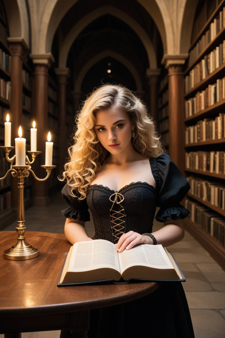 A cinematic photo of a young woman with striking amber eyes and delicate blonde ringlets. Adorned in a red Victorian satin corset and velvet skirt, she reads an ancient leather-bound book in a gothic library, the flickering candlelight throwing her face into sharp relief. The epic character composition, combined with sharp focus and natural lighting, brings the captivating image to life. The subsurface scattering effect adds a touch of ethereal glow, while the f2 aperture and 35mm lens create a perfect balance of depth and detail.
<lora:VictorianGoth:0.5> 66vic22goth11, (freckles:0.8), (lips parted), realistic eyes, POV, realistic[:, (film grain, 25mm, f/1.2, dof, bokeh, beautiful symmetrical face, perfect sparkling eyes, well defined pupils, high contrast eyes, ultra detailed skin, skin pores, vellus hair, fabric stitching, fabric texture, finely detailed features:1):0.9]