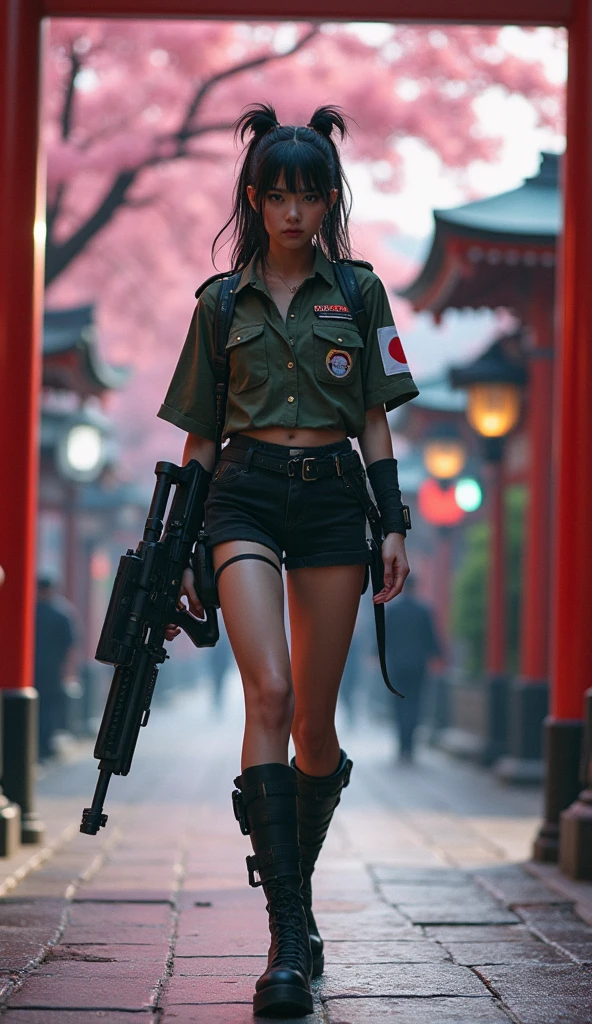 (Very detailed, Realistic photos, Realistic skin texture), 8k, A beautiful Japanese woman living in America looks back with a sawed-off shotgun on her hip, He is wearing a dirty and torn beige trench coat., navy yankees baseball cap, Dirty high-top Nike sneakers, An alley littered with bricks and rubble, It rains and clothes get wet, In an attractive and action-packed pose, And a cool configuration.