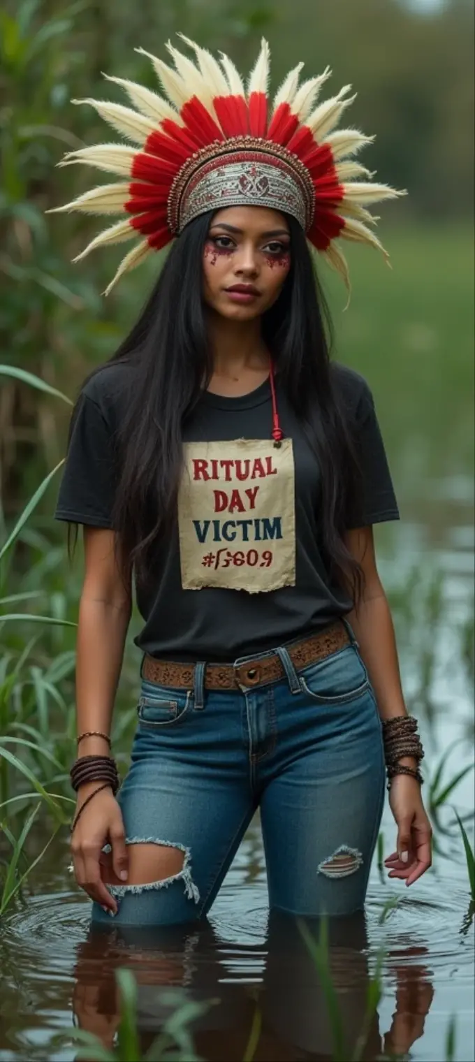 extremely detailed woman in jeans and t-shirt with tag "RITUAL DAY VICTIM #6969 DO NOT RESCUE"  is victim of ritual, drowning in bog, in the middle of a bog, sexy photoshoot posing, wearing a beautiful headdress and traditional indigenous makeup. red, green, blue