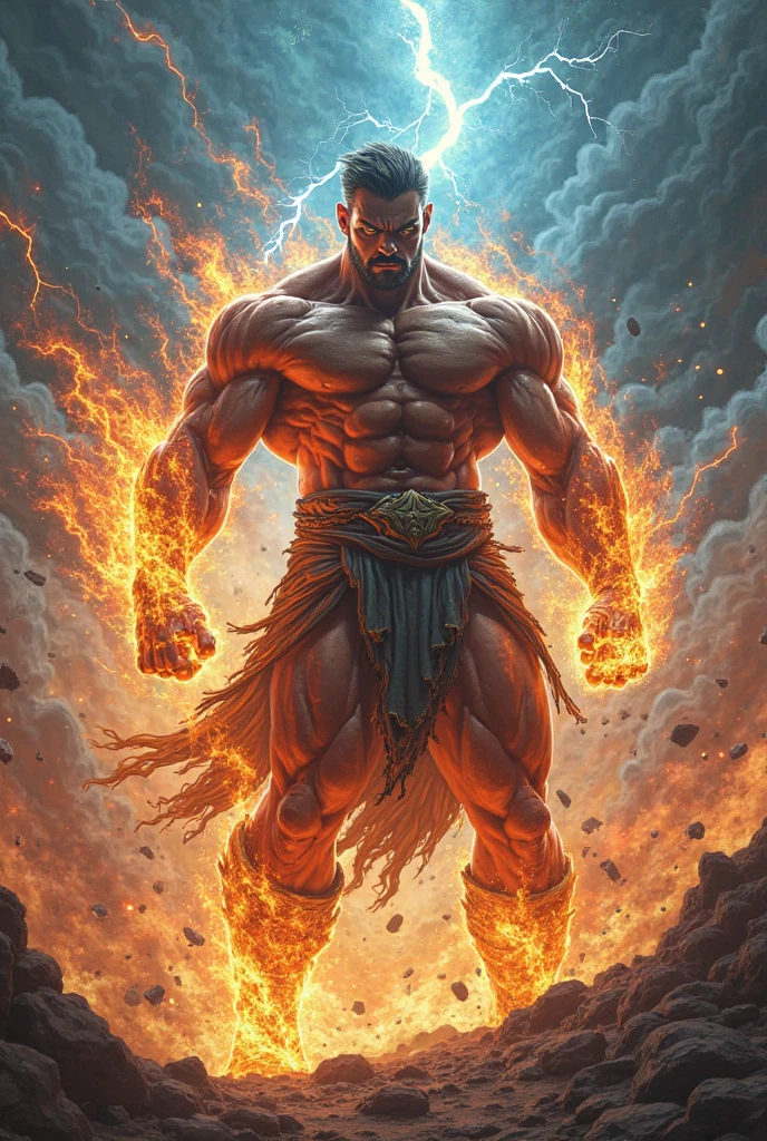 angry hercules, shouting, fire on the background