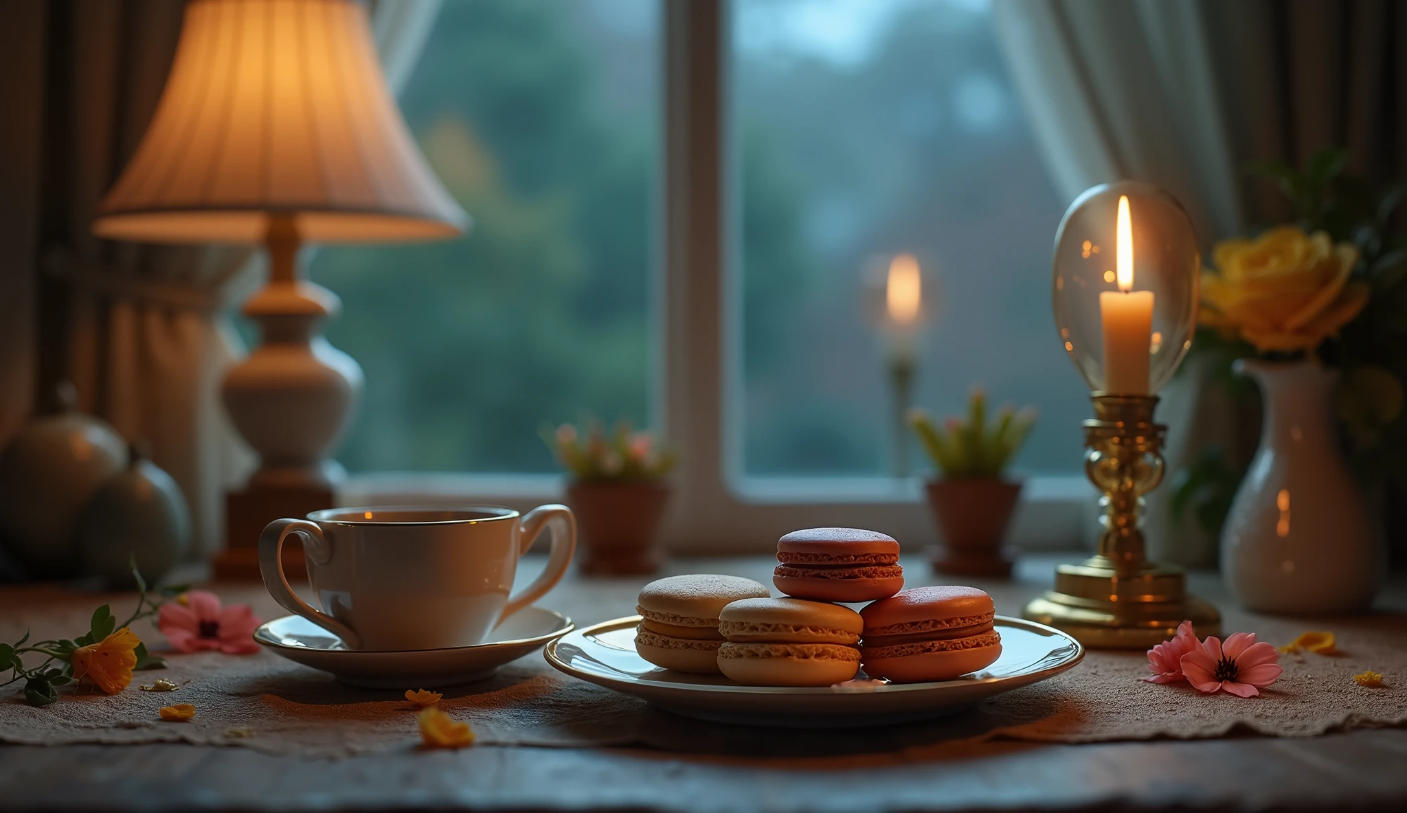 masterpiece, hyper detailed, best quality, detailed, ultra detailed, beautiful, absurdres, 16K, background at night.macaron, tea, in the room, with a window, with a Table,with a flower,, photorealistic, from front, cinematic lighting, depth of field, deep focus, Light_SpringGreen