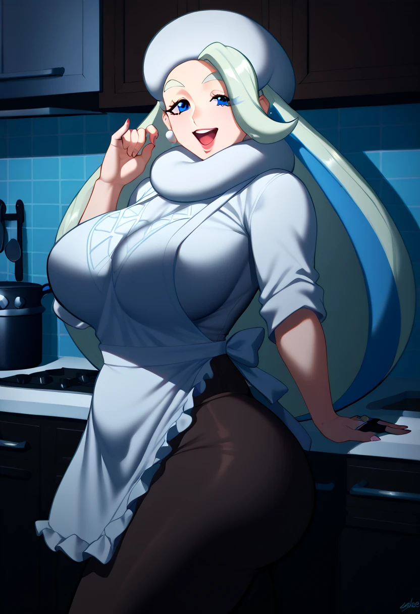 1girl, mount lady, boku no hero academia \\\\\ masterpiece, best quality, very aesthetic, absurdres, newest \\\\\\ sportive body, \\\\\\ by dodok, nyantcha, cutesexyrobutts, by khyle ///// blonde, purple eyes, , 24 years old,kitchen, wearing only apron, big tits, naked