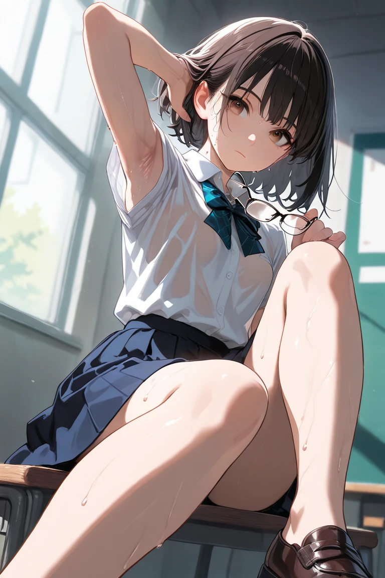 Hoshino Ichika,Project Sekai,project sekai,One girl,feel ashamed,high school girl,Blue-black hair,black eye,beautiful girl,long hair,School,White shirt,Blue tie,skirt,Sitting in a chair,Watching the audience,Spread your legs,Show your pants,nsfw,