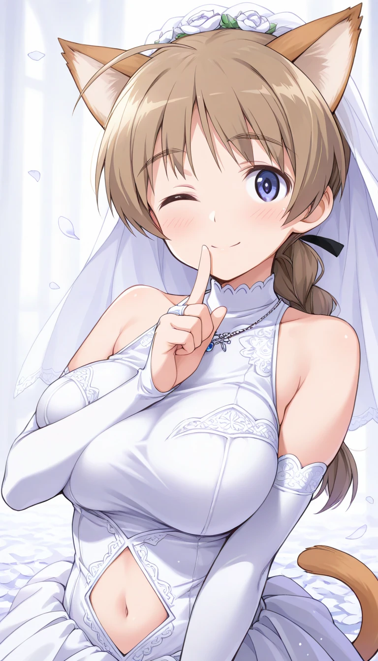 (1 person),(Best image quality, 8k, masterpiece:1.3), Anatomically correct, ((Brown hair bob cut:1.1)),(Swept-apart bangs,), (Cute eyes, Dark Eyes), (Mole under right eye), (thin), (Large Breasts),(Glowing Skin:1.1),(Pale skin:1.2),(Fantasyな雰囲気),(look up),Ultra-high resolution, Textured skin, Sparkle Effect, Fantasy,Bright Eyes,high school student,
wedding,church,
white girdle,White lace panties,bride,White garter belt,Blue bouquet,Wedding dress,Off-the-shoulder dress,Silver Tiara,Veil,Silver Necklace,Braid, Wet body,Sweat,Cleavage,
Eating a white popsicle,Saliva stringing,Food is on the face,
Spread your legs,Show your crotch,Crotch close-up,M-shaped legs,sit,