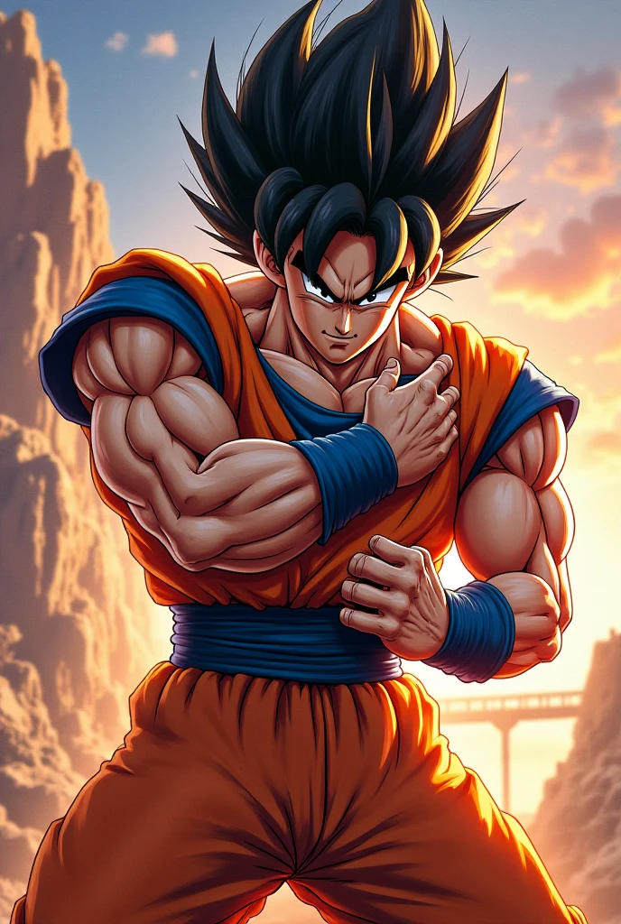* Detailed face with serious and determined expression.
* Black spiky hair with light reflections.
* Orange and blue traditional martial arts clothing.
* muscular and defined body.
* Dynamic and powerful fighting pose.
* Combat scene with energy explosions in the background.
styled:
* Mix of realism and anime style/mango.
* Fine, precise lines for contours.
* Realistic shading and lighting to add volume and texture.
* Vibrant, contrasting colors to highlight scene elements.
format:
* high resolution image (1080p or higher).
* Horizontal or vertical orientation (according to your preference).
* No watermark or other distracting elements